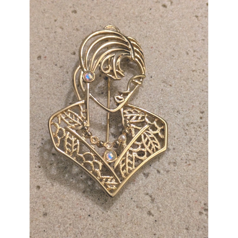 Vintage JJ Jonette Lady Brooch In Gold Tone Open Work Art Nouveau Style READ